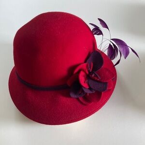 Sophisticated Red and Purple Cloche Hat with Feather Accent Red Hat Society